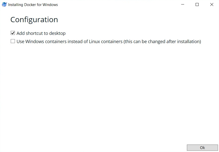 Configuration dialog window for the Docker installation on Windows