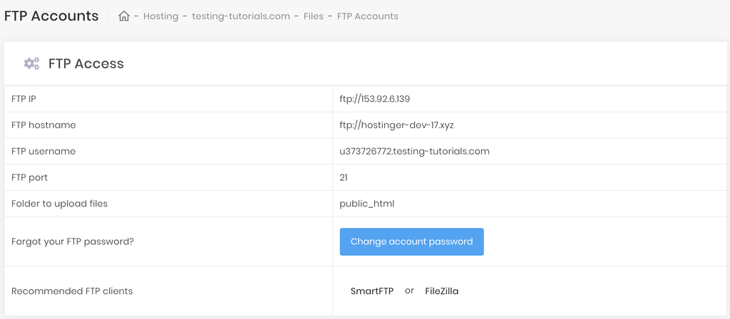 This image shows you FTP account access details
