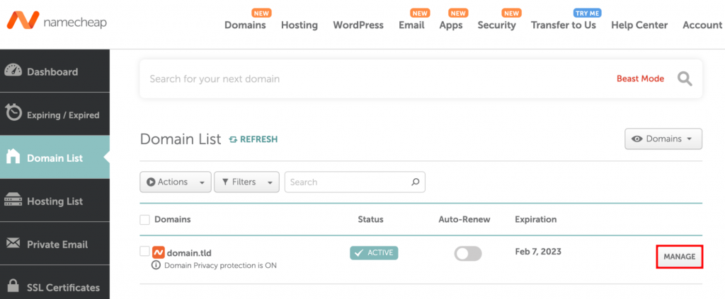 The Domain List section on the Namecheap website. Manage button near a domain is highlighted
