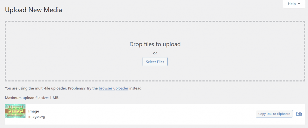 The WordPress multi-file uploader successfully uploads a .svg file