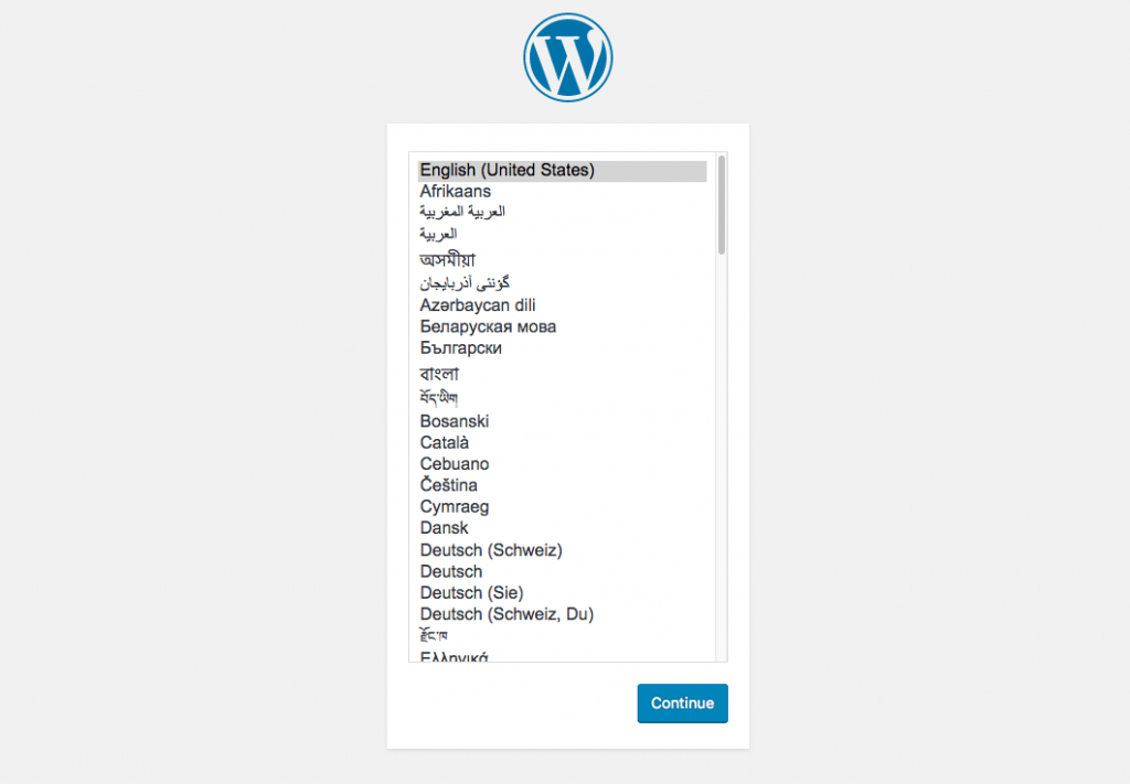 WordPress installation window asking the user to choose the default language