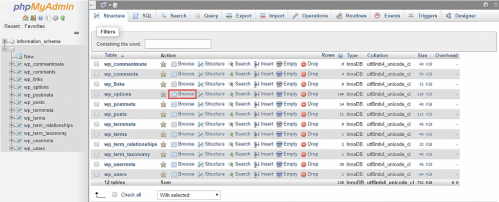 phpMyAdmin -  Browse next to the wp_options table
