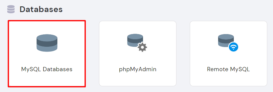 A red border highlighting the MySQL Databases button on hPanel