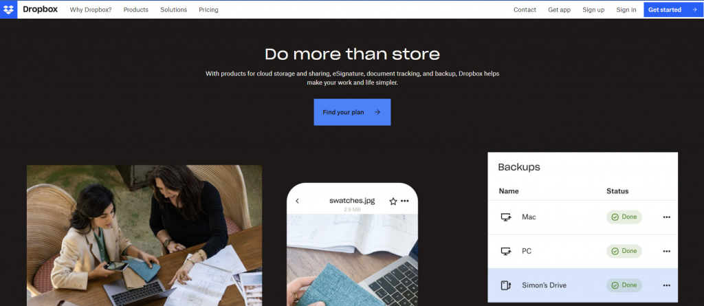 The homepage of Dropbox, a file-sharing platform