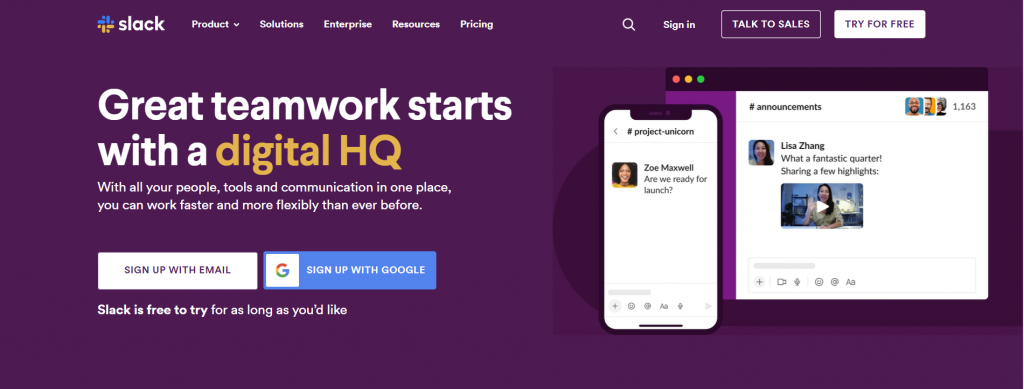 The homepage of Slack, a popular instant messaging platform