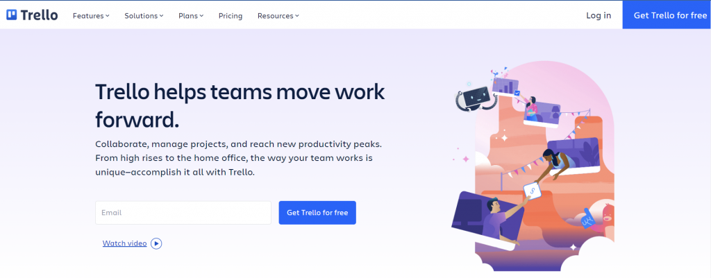 The homepage of Trello, a task management tool based on the Kanban Board system
