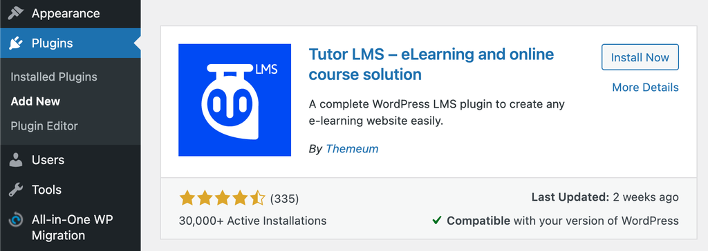 Adding Tutor LMS plugin to WordPress.