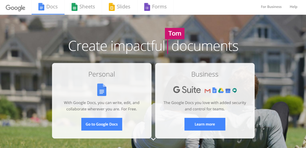 The landing page of Google Docs that includes call to actions.