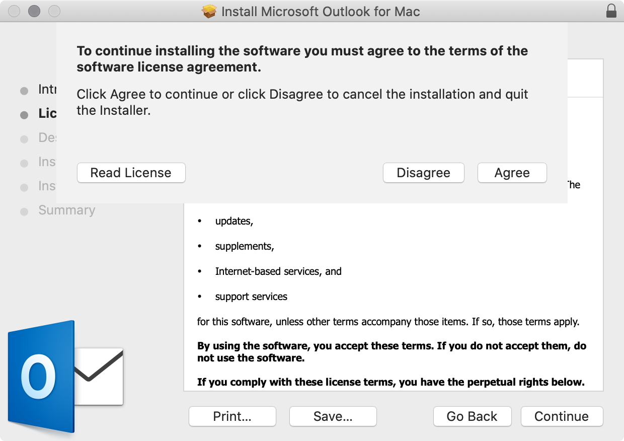  Software license agreement window for Outlook on macOS.