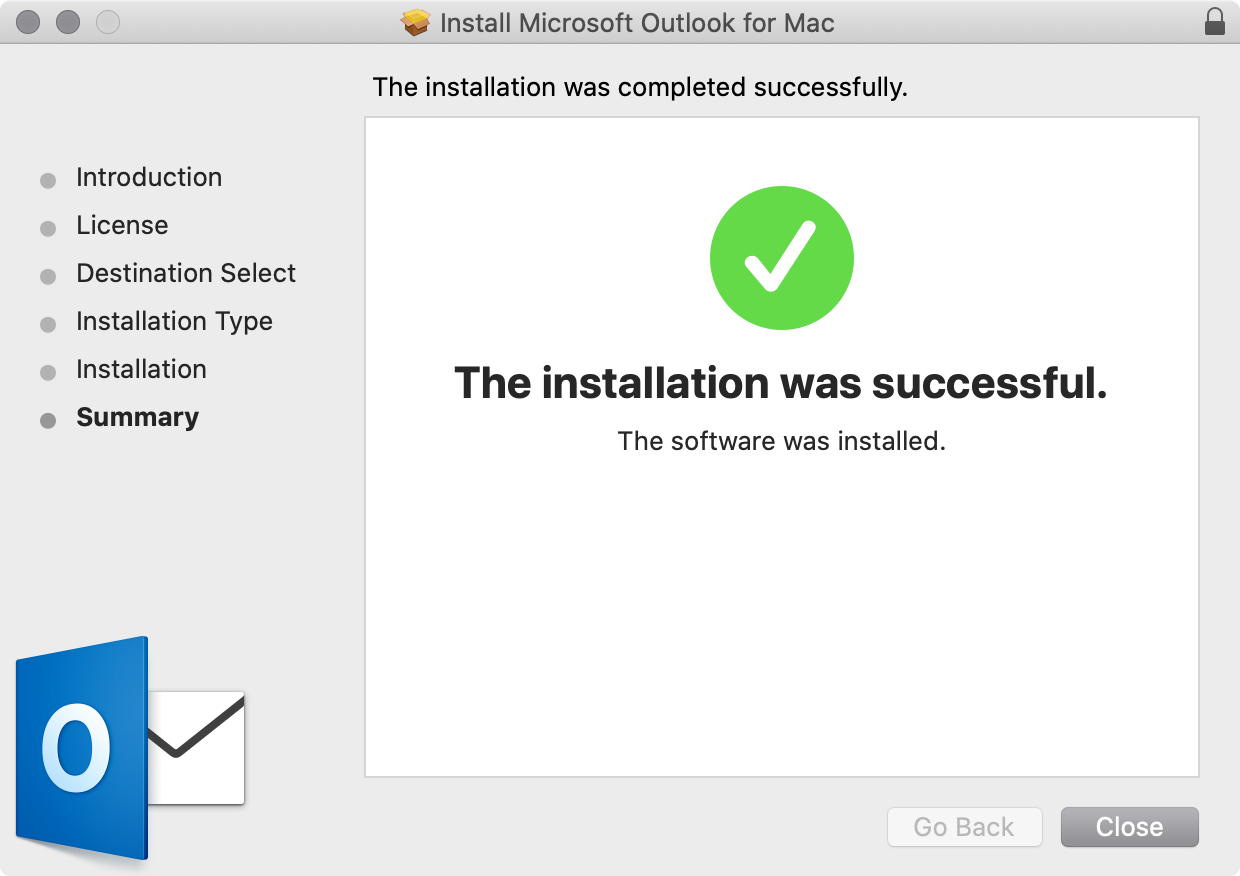 Outlook installation completed on macOS.