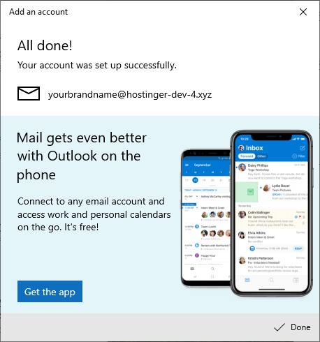 "Your account was set up successfully" in Mail on Windows.