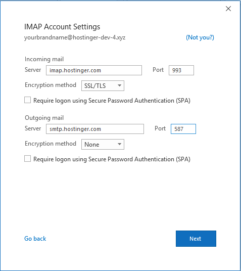 Setting up IMAP account settings in Outlook on Windows.