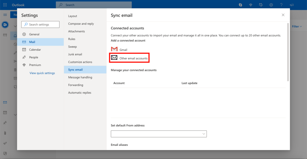 Adding a new email account in Outlook.com.