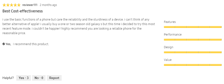 Example of user review on Samsung's product page