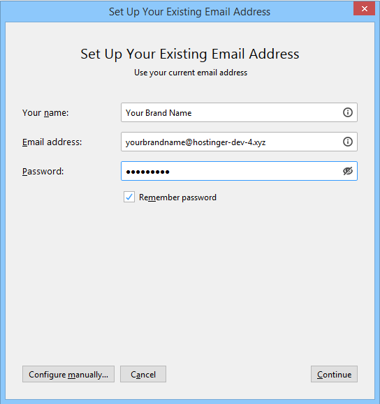 Setting up a new email account in Mozilla Thunderbird on Windows.