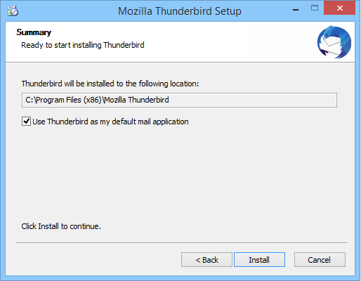 Choosing the installation location for Mozilla Thunderbird on Windows.