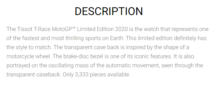 Example of a product description that conveys urgency from Tissot 