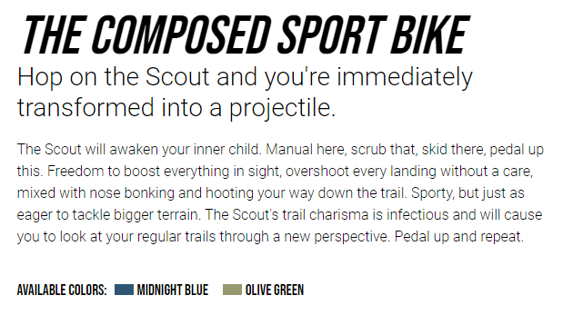 Example of product description from Transition Bike