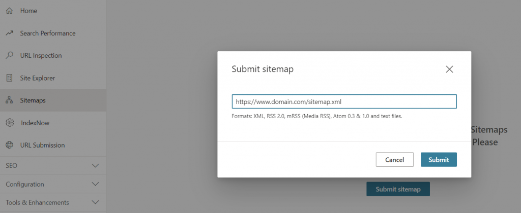 Submitting a sitemap to Bing Webmaster Tools