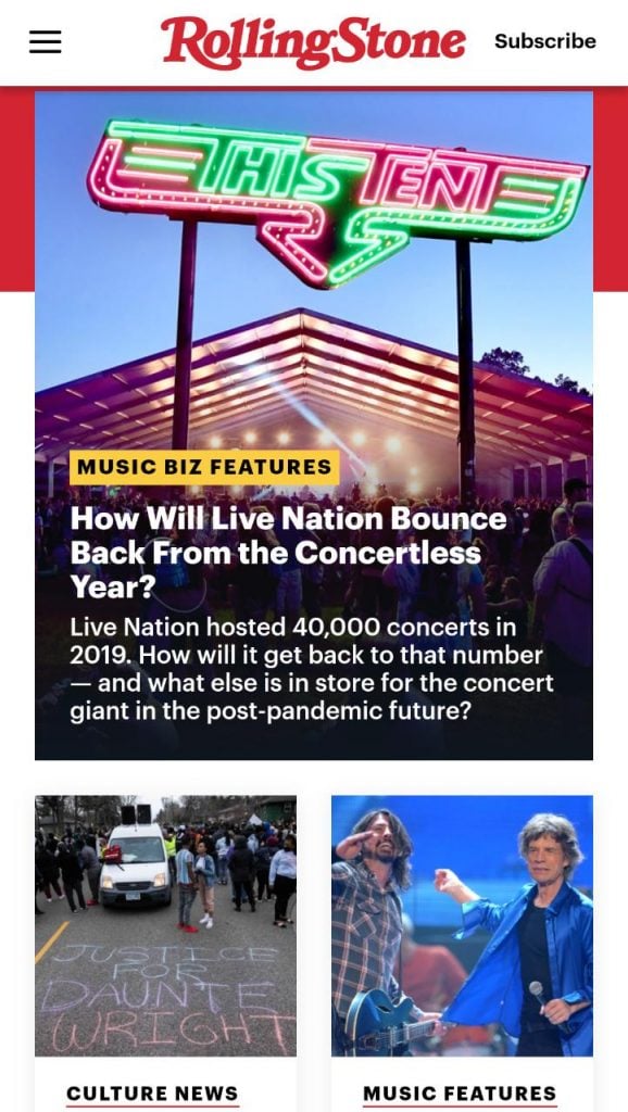 Rolling Stone's website for mobile devices