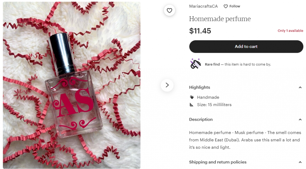 An example of handmade perfume  for sale online