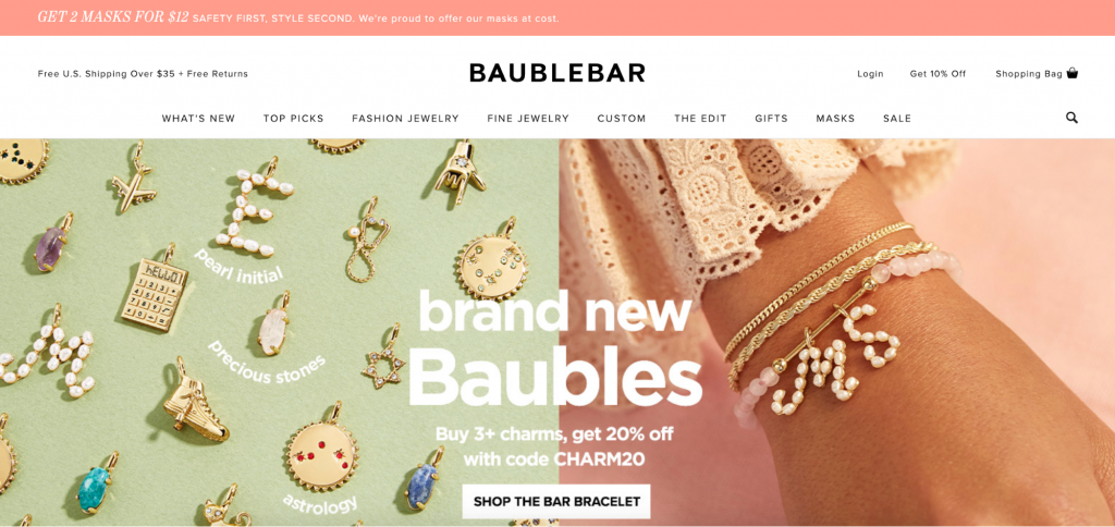Screenshot of Baublebar's homepage