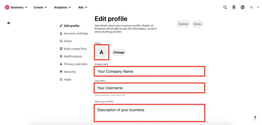 Editing Pinterest Business profile