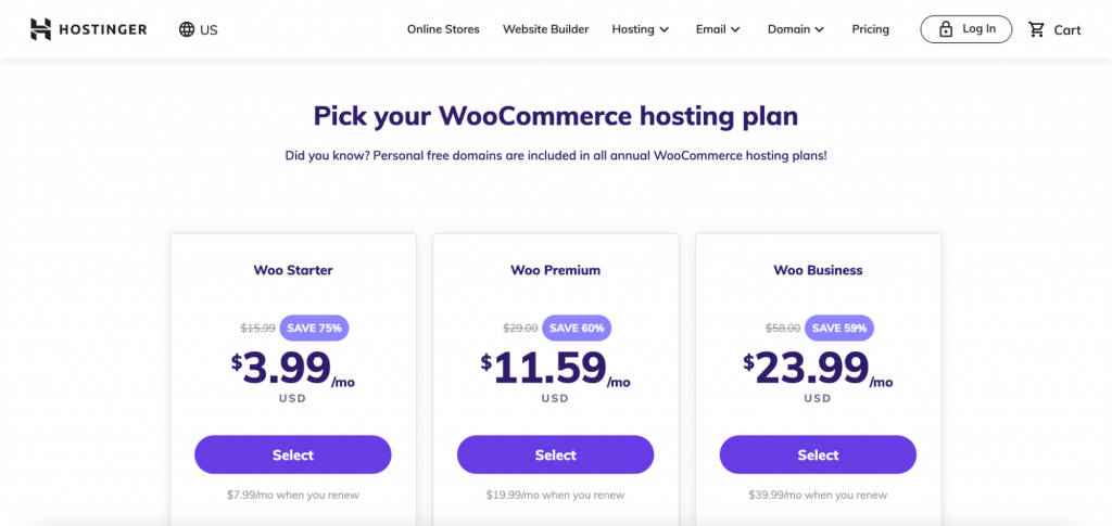 Screenshot of Hostinger's web page of WooCommerce hosting plans