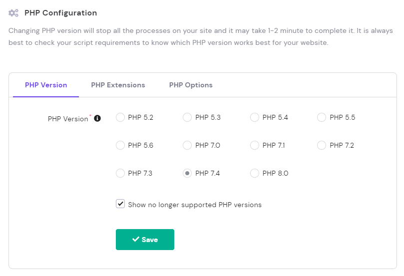 PHP version options on hPanel.