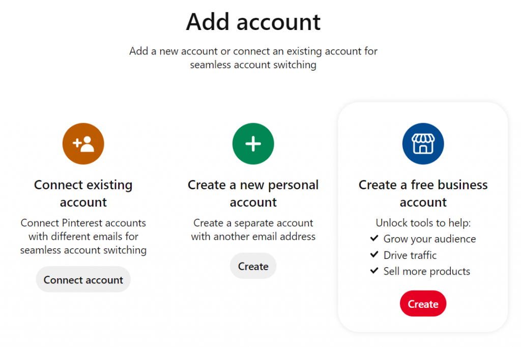 The Add Account screen on Pinterest