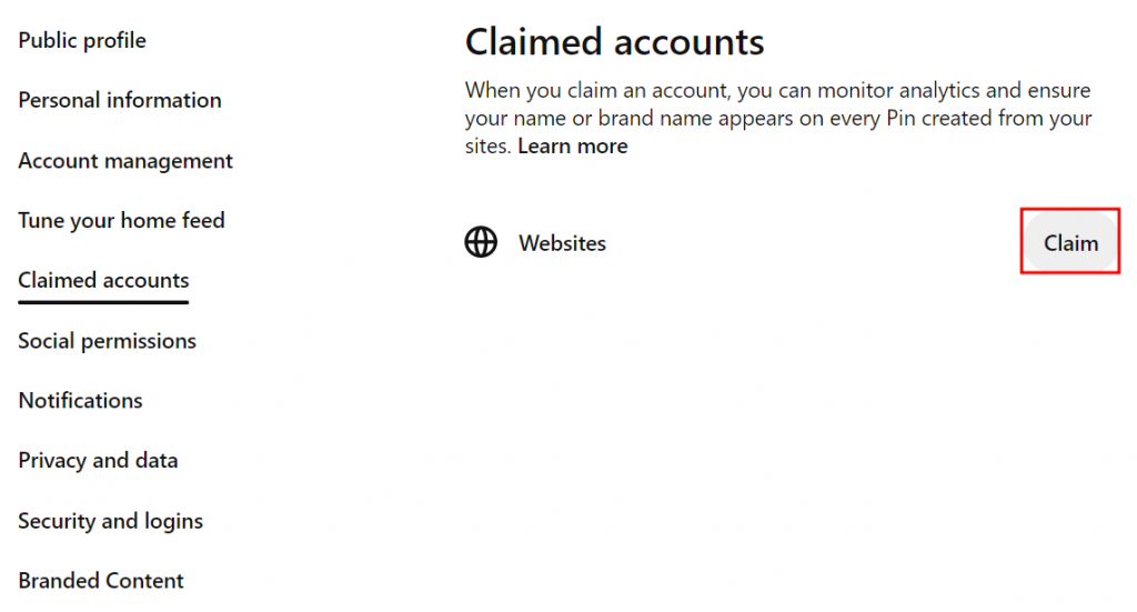 The Claimed accounts screen on Pinterest with the Claim button highlighted
