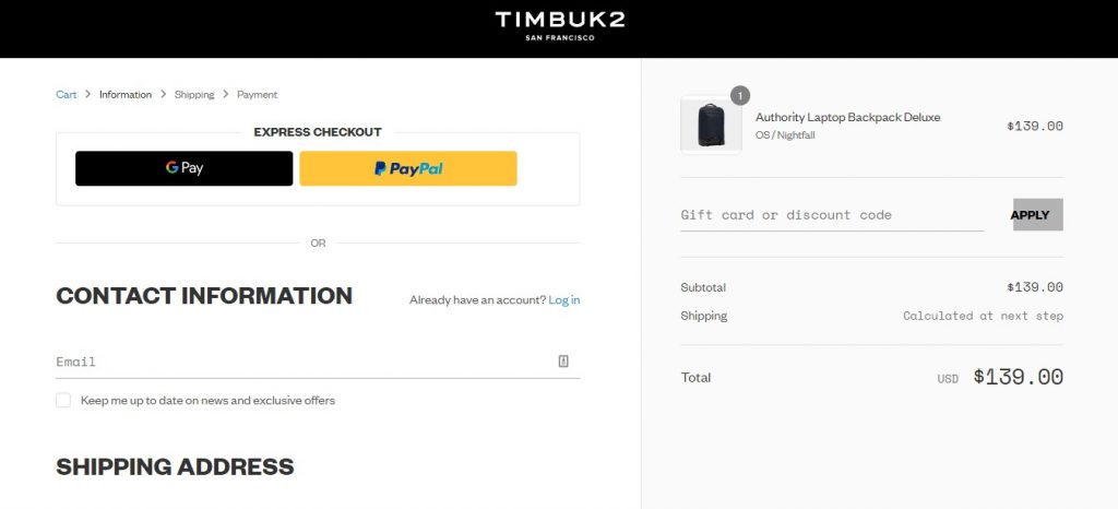 Screenshot of Timbuk2's payment page 
