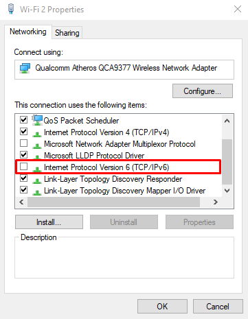 Screenshot of Windows Networking settings where you can select internet protocol version 
