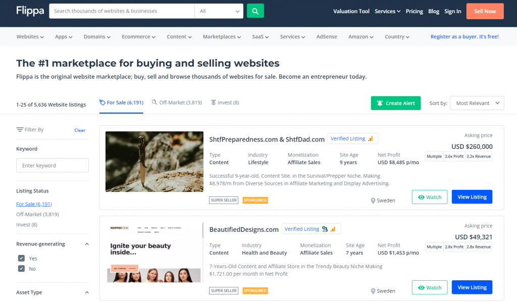 Flippa, the marketplace for domain names
