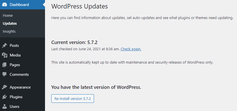Screenshot of WordPress dashboard showing the current WordPress version.