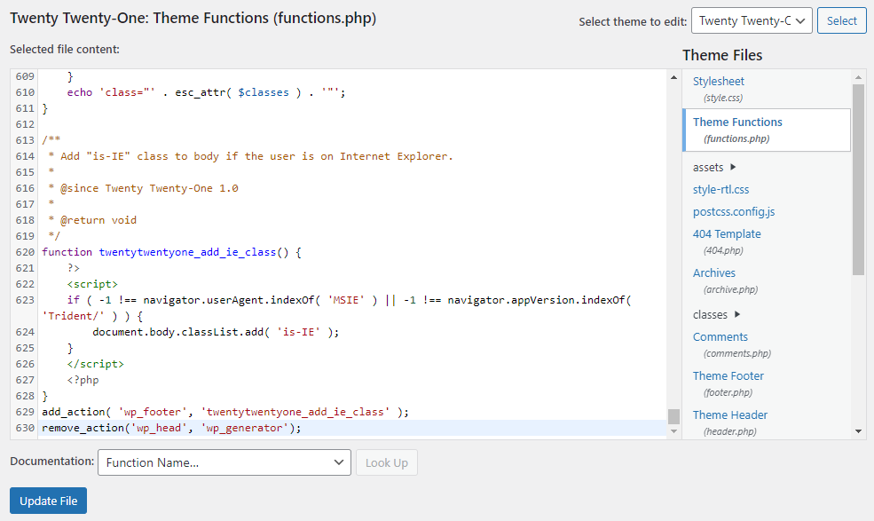 Screenshot of the functions.php file showing where to insert the code.