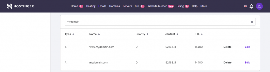 A screenshot displaying A records in hPanel's DNS zone
