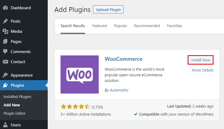 WordPress dashboard, highlighting Install Now next to WooCommerce