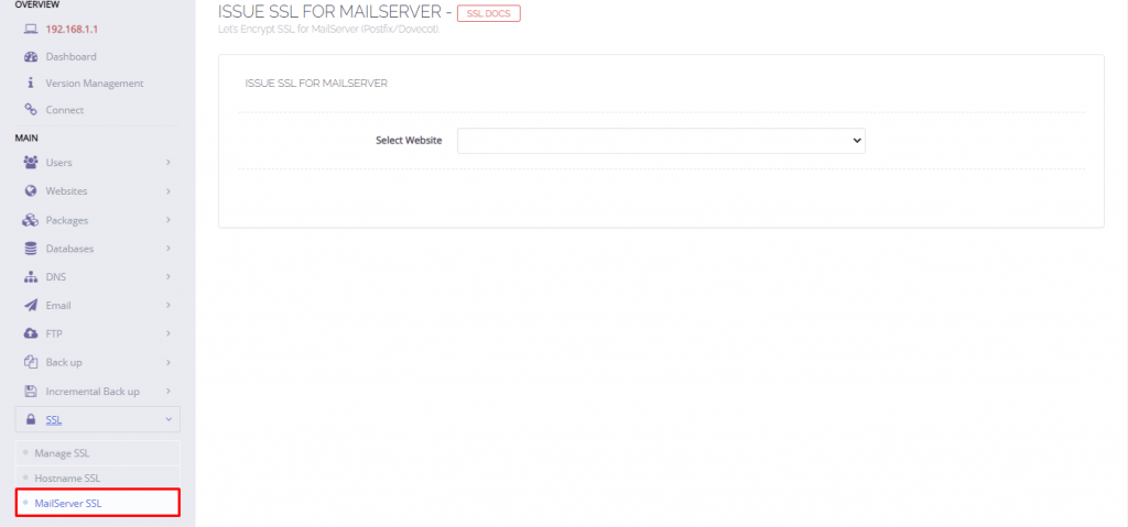 A screenshot showing how to issue SSL for mailserver in the Cyberpanel dashboard 