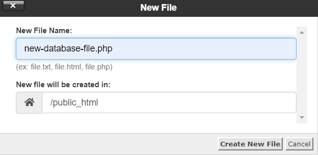 New File window showing where to write the new file name for your database