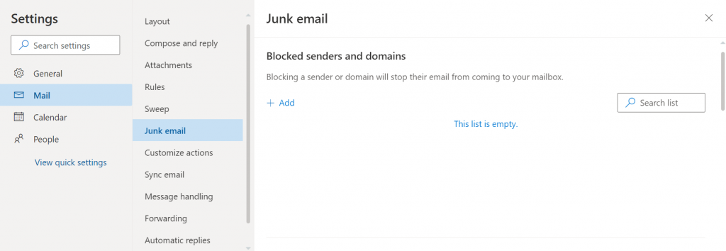 Blocked senders and domains on Outlook.