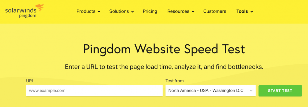 Pingdom website speed test's homepage 