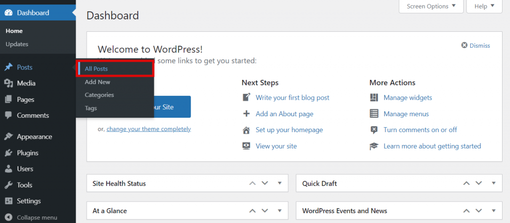 Posts section of the WordPress dashboard,