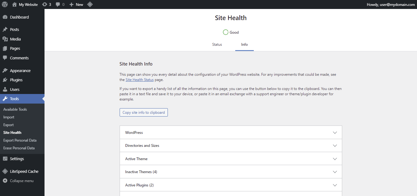 Screenshot showing the site health info tab