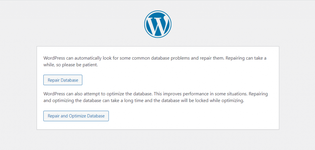 A window of WordPress allowing to choose repair database or repair and optimize database