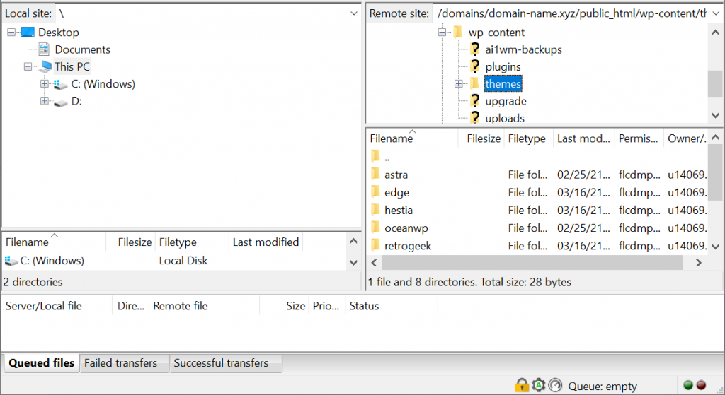 Screenshot from FileZilla showing where to find installed WordPress themes list