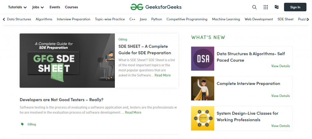 GeeksforGeeks website homepage