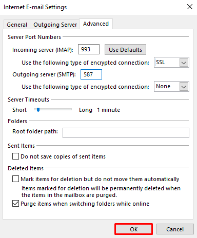 A screenshot showing internet email settings and where to find the OK button.