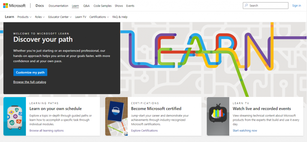 The Microsoft Learn page on the Microsoft website