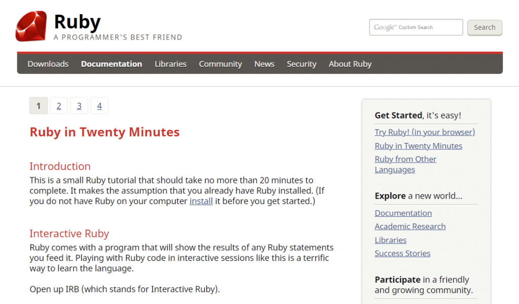 The Ruby in Twenty Minutes page on the Ruby website